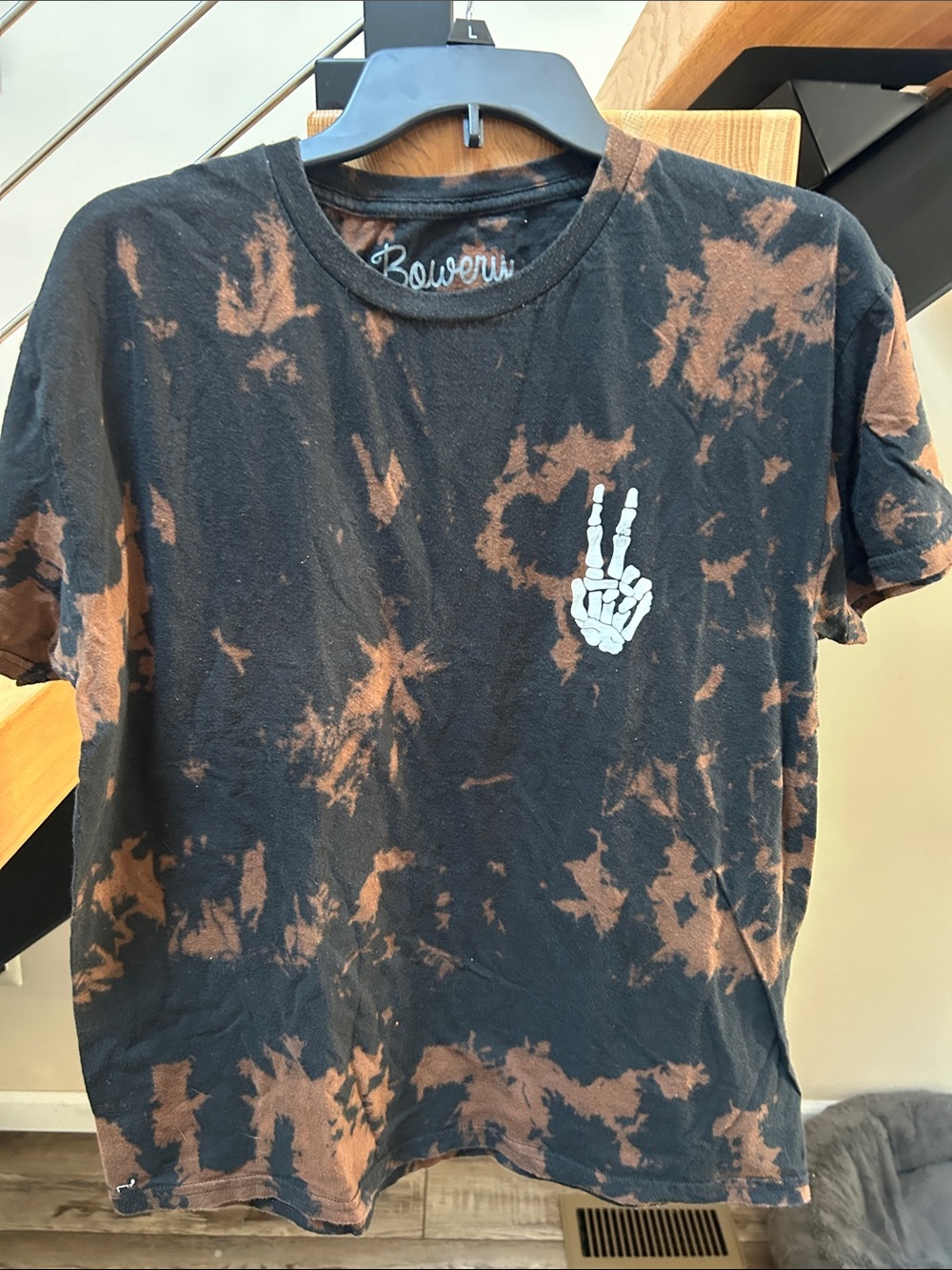 Bleached Black Tee with Skeleton Peace Hand